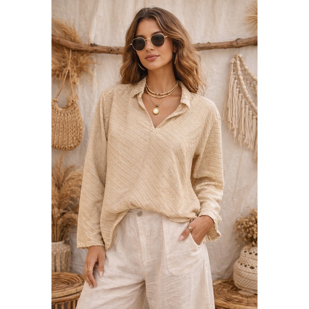 Boho 70s Textured V-Neck Blouse Beige Gold Stripe Relaxed Fit Retro Top Medium